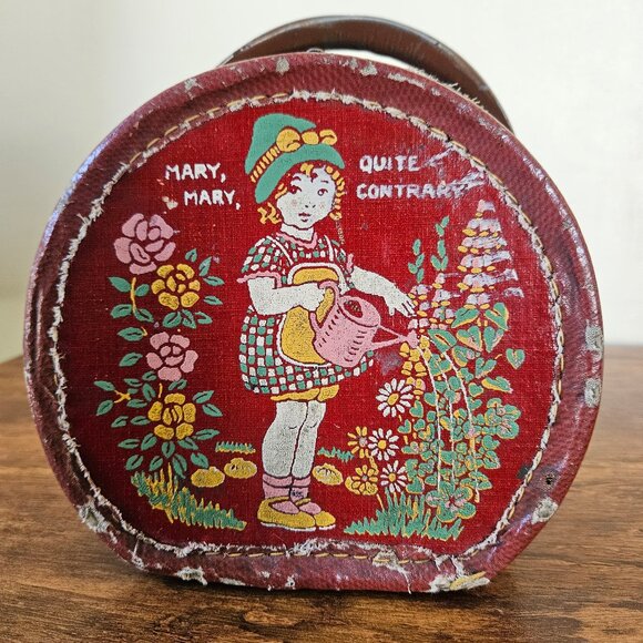Vintage 30s 40s Childs Girls Leather Suitcase Bag Case Mary Quite Contrary Rhyme - Picture 2 of 9
